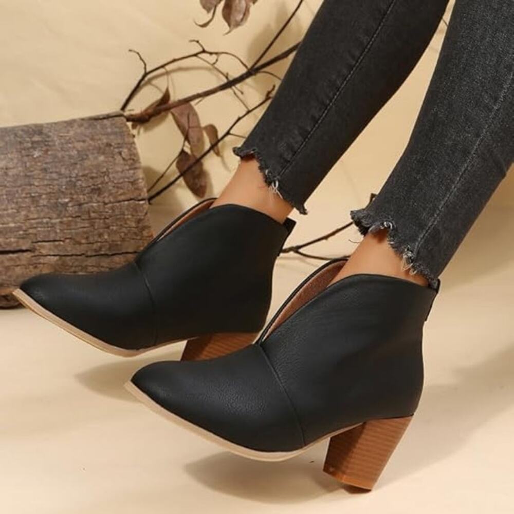 Women Heel Ankle BootsV Cut Fashion Slip on Black Size 9US / 40CN